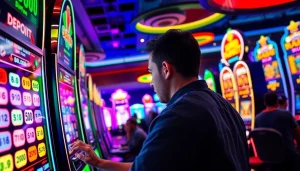 Menggunakan slot depo 5000 dengan mesin slot berwarna-warni di ruangan permainan yang cerah.