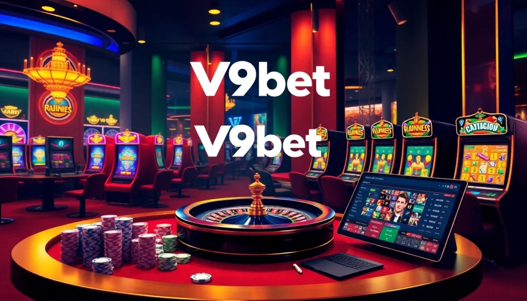 V9bet players enjoying a dynamic online casino experience with vibrant visuals and engaging games.