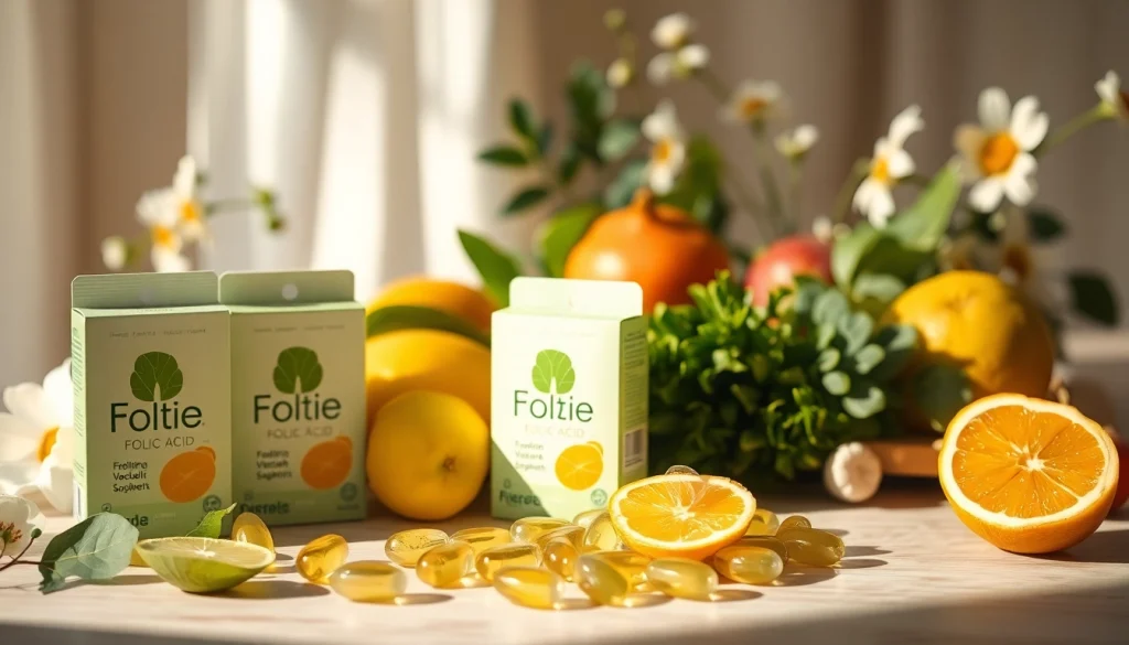 新鮮な野菜と上品なパッケージのサプリメント、そして育むような雰囲気の葉酸サプリ おすすめの画像。