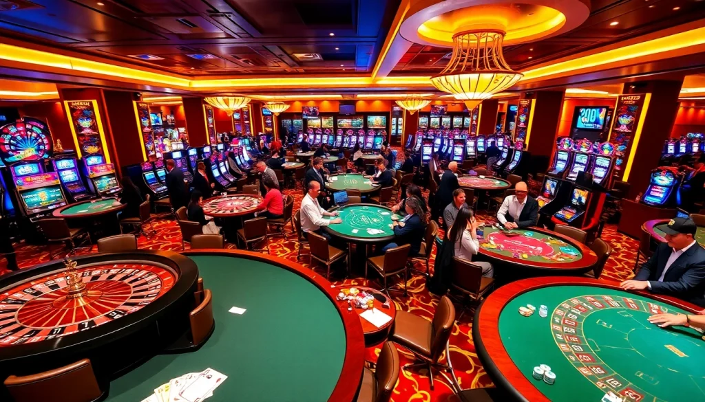 I9BET gaming experience with players at roulette and blackjack tables in a luxurious casino atmosphere.