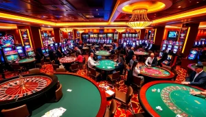 I9BET gaming experience with players at roulette and blackjack tables in a luxurious casino atmosphere.