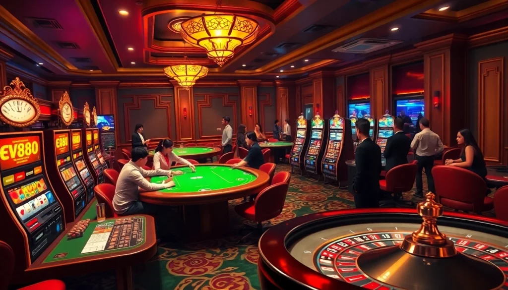 Experience the thrill of gambling at ev882.sa.com with vibrant gaming tables and modern slot machines.