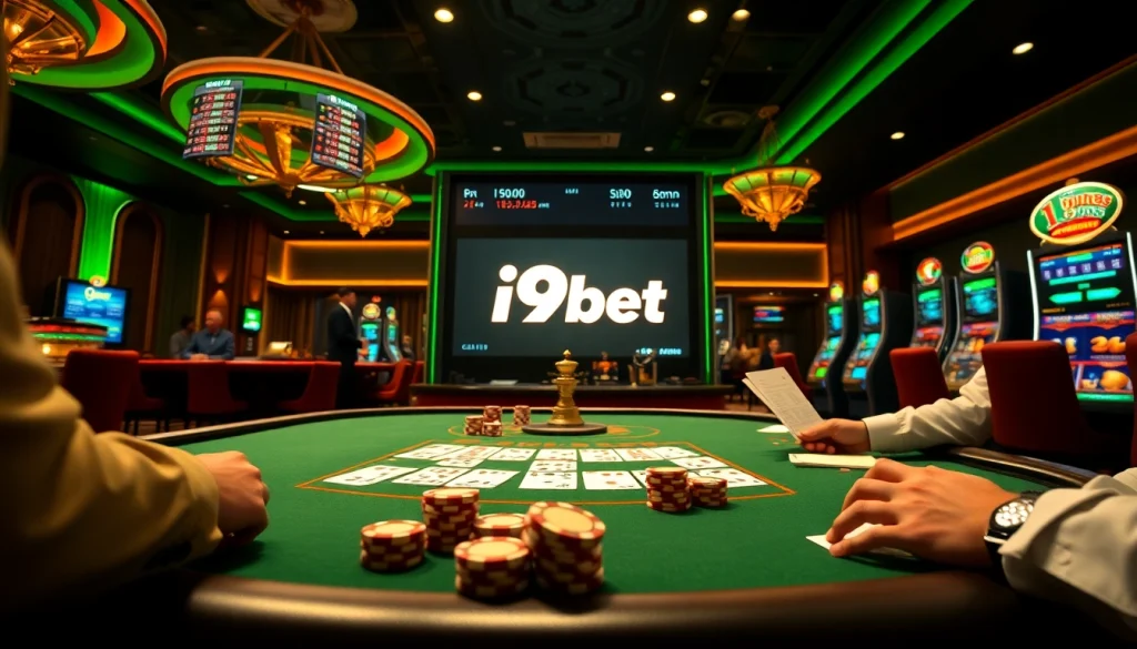 Exciting gaming scene at i9bet online casino with poker chips and a dealer.