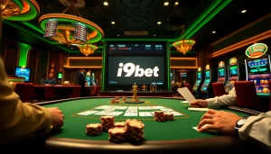 Exciting gaming scene at i9bet online casino with poker chips and a dealer.