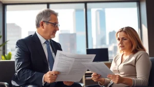 Eminent domain lawyer advising a client in an office, showcasing professionalism and support.