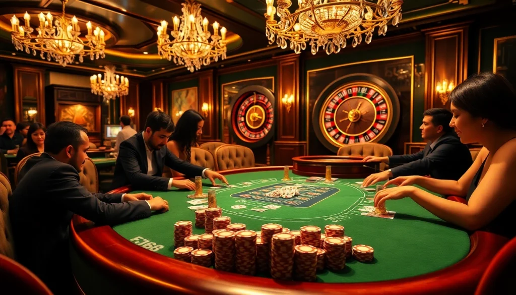 Exciting poker action at a luxurious casino table showcasing พอร์ทเกม F168 gaming experience.