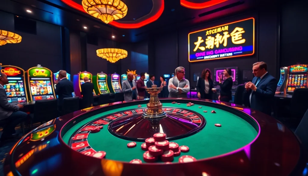 Engaging scene of casino excitement with 슬롯커뮤니티 elements, featuring roulette, poker chips, and vibrant slot machines.
