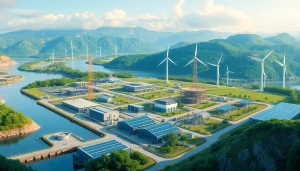 Visual representation of a sustainable crypto mining site showcasing renewable energy sources like hydro, solar, and wind.