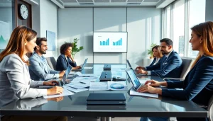 Modern office scene showcasing professionals strategically discussing Corporate Tax Services, with financial charts and technology.