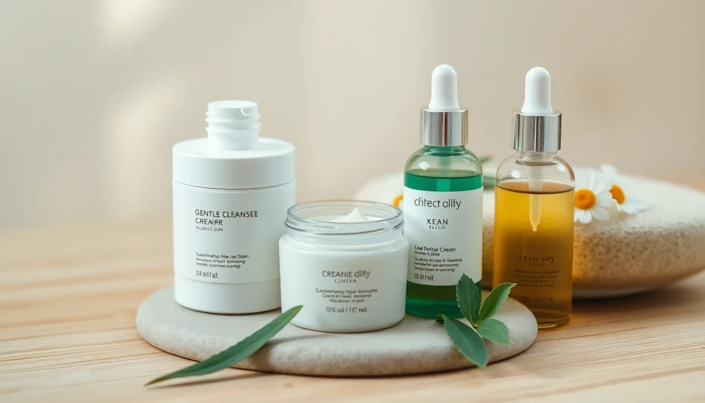 Hudvårdsprodukter för känslig hud, inklusive hudvård för känslig hy, presenterade i en lugn naturlig miljö.