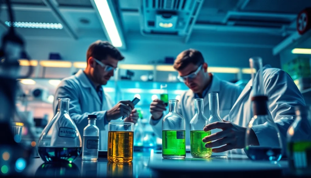 WIN55 effects researched in a modern laboratory setting with scientists.