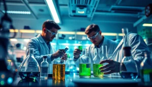 WIN55 effects researched in a modern laboratory setting with scientists.