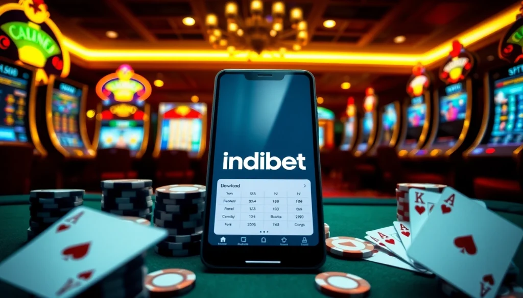 Betting on Indibet download with mobile interface surrounded by casino elements