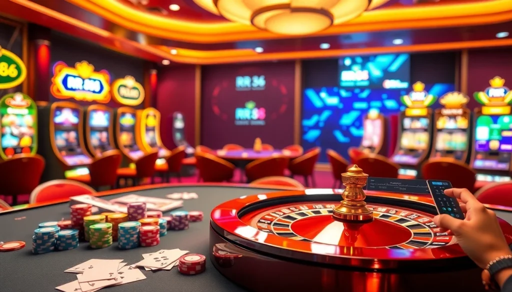 Players enjoying their experience at RR 88 casino gaming tables with vibrant chips and cards.