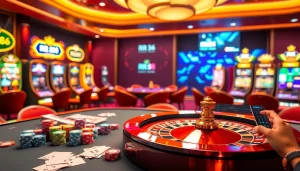 Players enjoying their experience at RR 88 casino gaming tables with vibrant chips and cards.