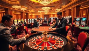 Intense gaming action at พอร์ทเกม F168 featuring a roulette table and engaged players in an upscale casino atmosphere.