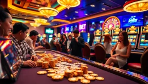 Play slot bet kecil at a vibrant casino featuring colorful slot machines and excited players.