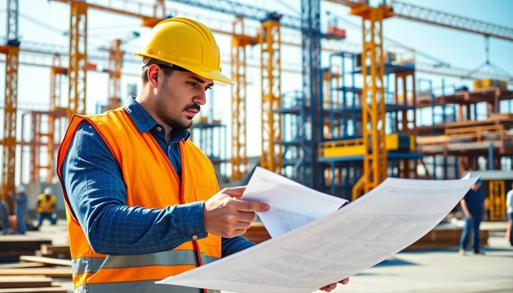 New Jersey Construction Manager inspecting construction plans at an active site.