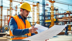 New Jersey Construction Manager inspecting construction plans at an active site.