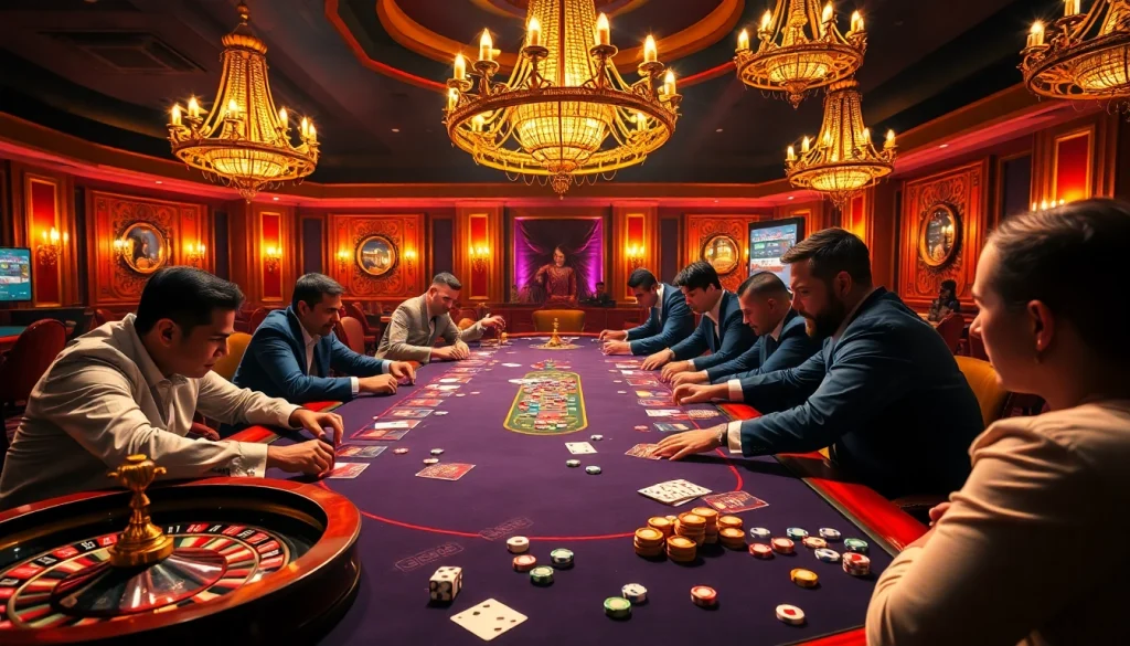 Cảnh casino đầy hứng khởi mô tả trò chơi Bet VIP với poker, roulette và các người chơi sôi động.