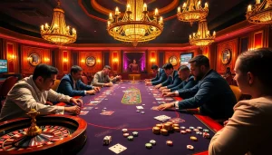 Cảnh casino đầy hứng khởi mô tả trò chơi Bet VIP với poker, roulette và các người chơi sôi động.