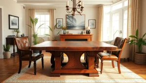 Showcase custom furniture featuring an elegant wooden dining table, highlighting craftsmanship.