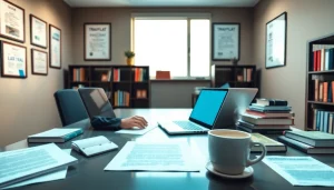 Tradutor juramentado working in a professional setting with multilingual documents and translation tools.