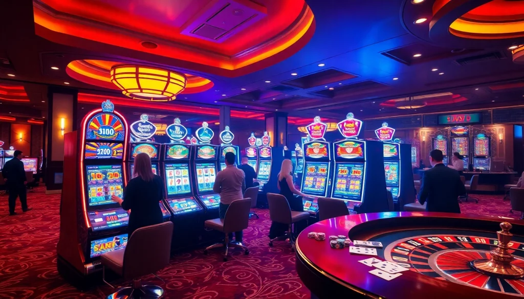 Experience the thrill of Slot Online Terpercaya as players engage with premium slot machines in a luxurious casino setting.