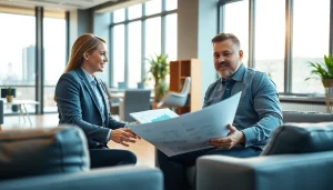 Księgowość dla firmy budowlanej ilustrowana sceną profesjonalnej konsultacji między księgowym a wykonawcą.