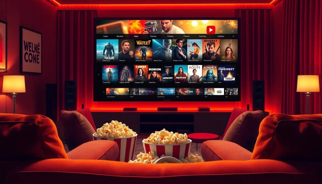 Enjoying filme online gratis in a cozy home theater with warm lighting and popcorn.