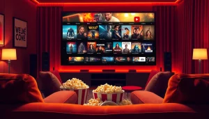 Enjoying filme online gratis in a cozy home theater with warm lighting and popcorn.