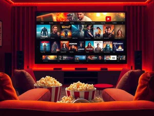 Enjoying filme online gratis in a cozy home theater with warm lighting and popcorn.