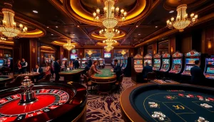 Engaging scene of luxury at Thabet casino, featuring poker, roulette, and slot machines.