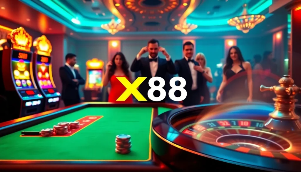 Engage with the thrilling atmosphere of XX88 at a luxurious casino featuring poker tables and roulette wheels.