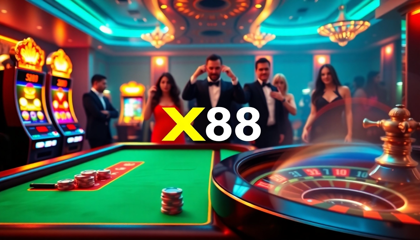 Engage with the thrilling atmosphere of XX88 at a luxurious casino featuring poker tables and roulette wheels.