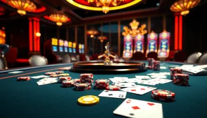 Nếu như vậy bám vào đây as players strategize at a vibrant casino table with cards and chips.