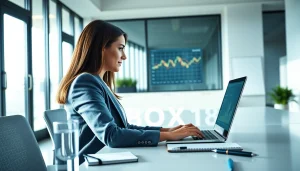 Businesswoman achieving financial success with BOX138 in a modern office.