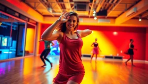 Roxanne Easton showcasing vibrant dance moves in a dynamic studio atmosphere.