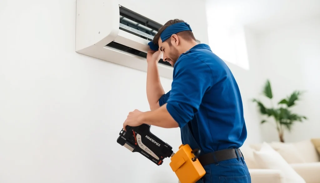 Expert AC repair in Mesa, AZ, showcasing a technician fixing a unit with precision and care.