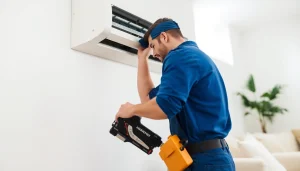 Expert AC repair in Mesa, AZ, showcasing a technician fixing a unit with precision and care.