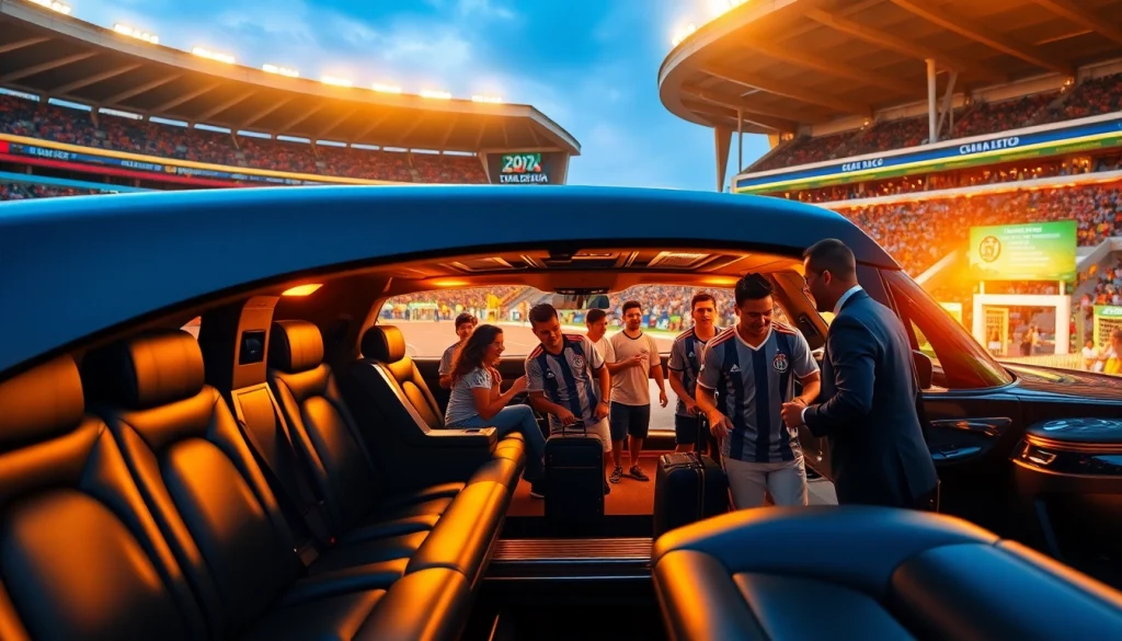 World Cup Group Transportation with luxury limousine, excited fans, and vibrant stadium atmosphere.