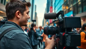 Videographer capturing dynamic event footage in a vibrant urban setting, showcasing professionalism.