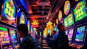 Slot bet 50 pada mesin slot dengan suasana penuh semangat di kasino.