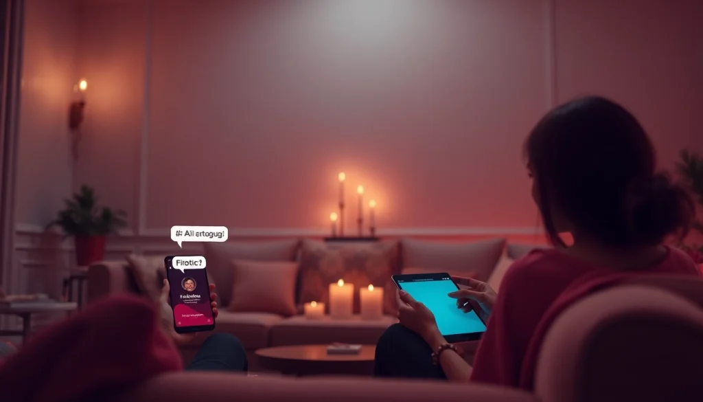 Engaging AI sexting experience in an intimate setting with digital devices and romantic decor.