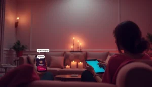Engaging AI sexting experience in an intimate setting with digital devices and romantic decor.