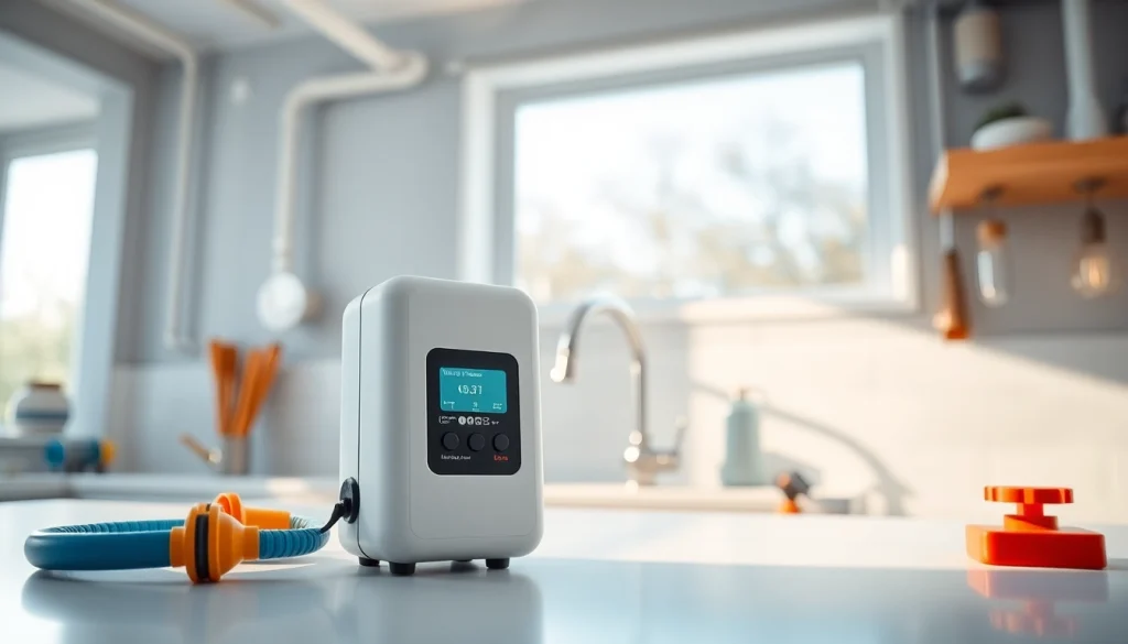 Monitor water leak detection efficiently with a sleek device showcased in a well-lit kitchen.