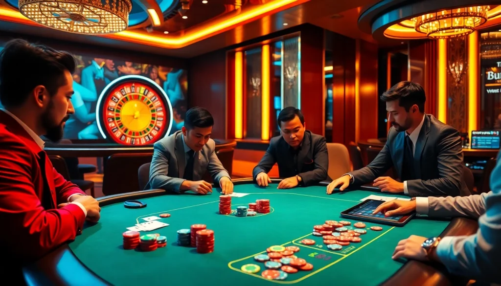 Exciting casino atmosphere with professional players at nhà cái nh88 poker table, vibrant gaming elements.