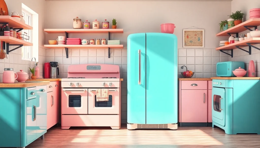 Brightly colored retro appliances enhance a stylish kitchen with a nostalgic vibe.