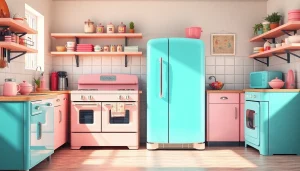 Brightly colored retro appliances enhance a stylish kitchen with a nostalgic vibe.