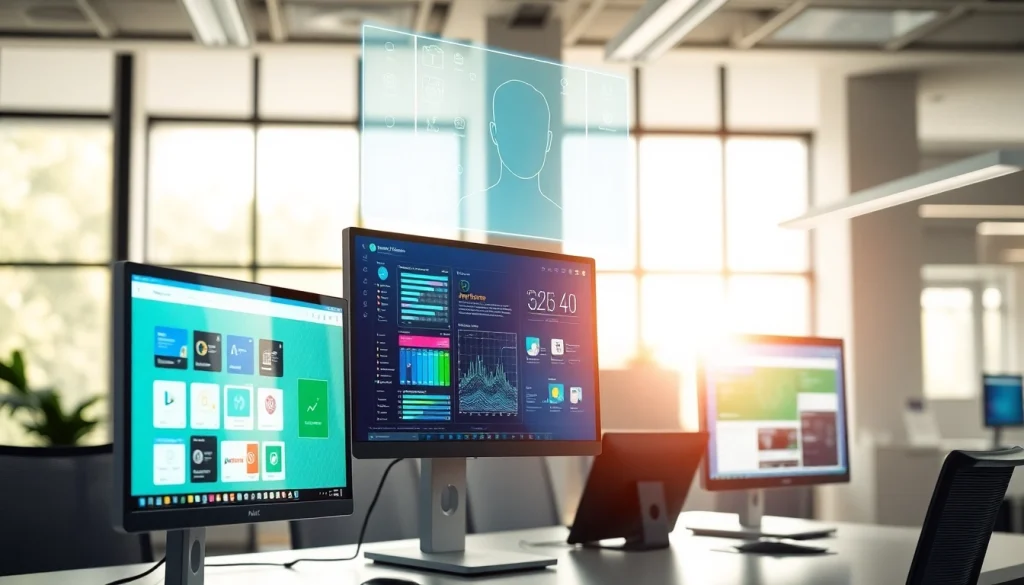 Showcase tools of ai apps in a high-tech workspace, emphasizing innovation and creativity.